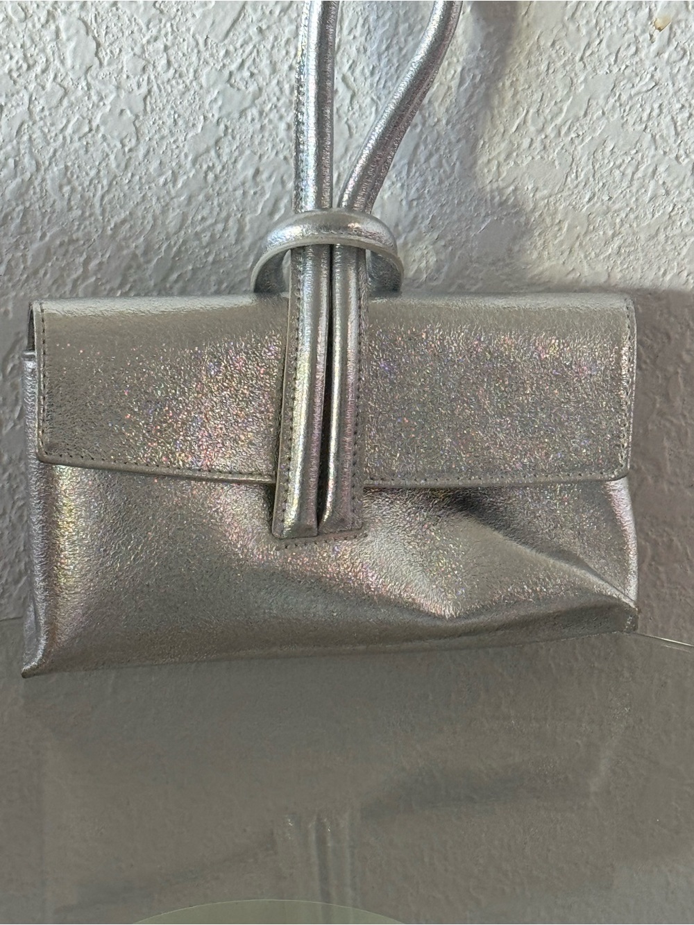 Silver Leather Metallic Knot-Front Shoulder Bag